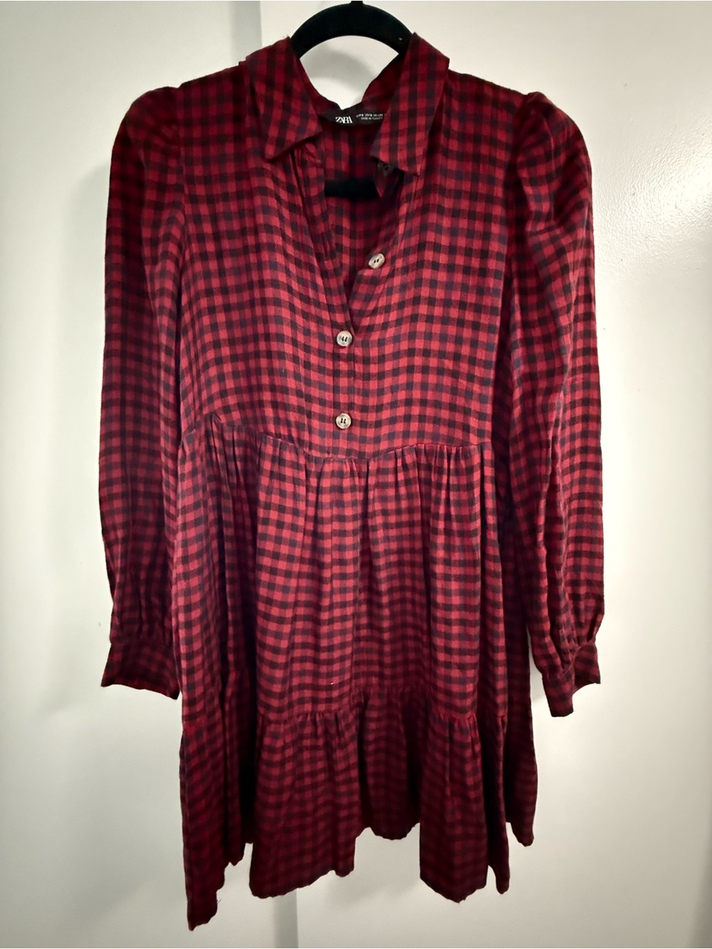 Zara Red and Black Plaid Tiered Long-Sleeve Dress